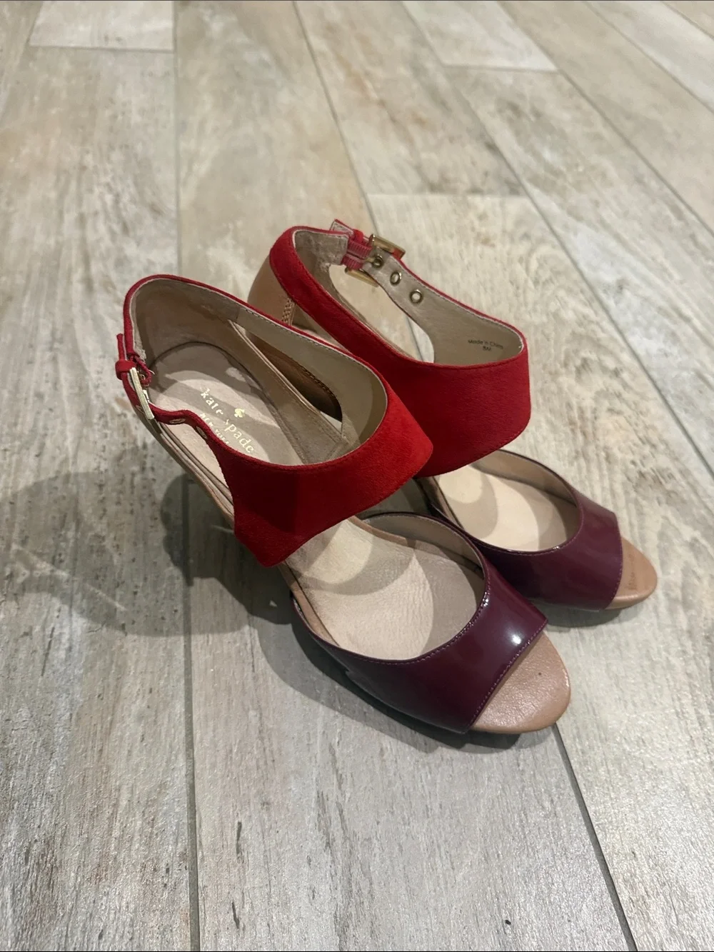 Kate Spade Women’s Red Suede & Burgundy Leather High Heel Sandals Size 8 GUC